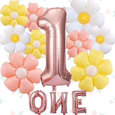 13Pcs Groovy One Party Decorations Daisy Balloons 40 Inch Rose Gold One Balloon for First Birthday Decoration Daisy 1st Birthday Foil Helium Balloons Baby Daisy Party Decorations for Girls