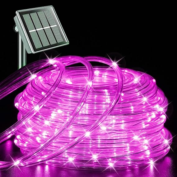 YEGUO Solar Rope Lights Outdoor Waterproof, 66ft 200 LED Pink String Lights, 8 Modes Fairy Lights in Clear Thin Tube