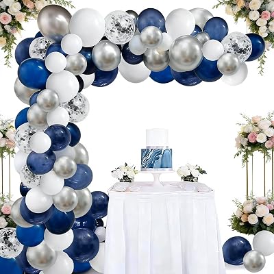 124pcs Blue Silver White Balloons Garland Arch Kit 5101218 Inch Royal Navy Blue White Metallic Silver Confetti Set for Birthday Wedding Graduation Party Fathers Day Decor