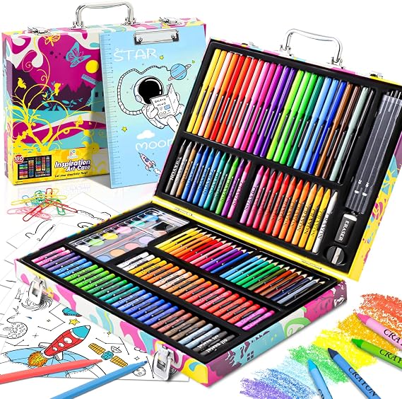 Art Supplies, 180 Pack Art Drawing Coloring Kit for Kids Girls Boys Teens | with Drawing Clipboard, Coloring Papers, Drawing Papers, Oil Pastels, Crayons, Colored Pencils, Watercolors Cakes, Markers