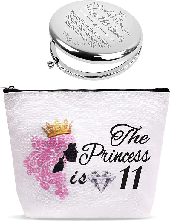 11th Birthday Gift Set for Girls: 11th Birthday Mirror & Makeup Bag, Princess Theme, Silver & White, Big Kid, Accessories