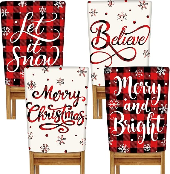 4 Pcs Christmas Chair Covers Red Black Buffalo Plaid Chair Back Covers Farmhouse Removable Washable Christmas Dining Chair Slipcovers Protector for Home Kitchen Xmas Holiday Party Decoration