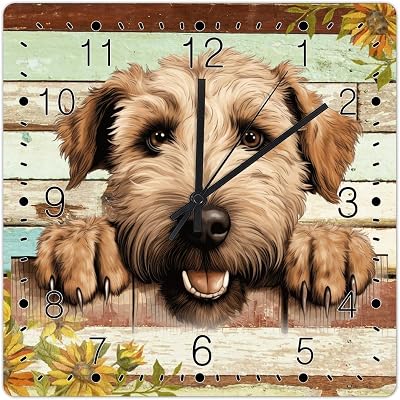 Soft Coated Wheaten Terrier Wood Clock Cute Funny Peeking Dog Puppy Wooden Clock Dog Mom Gift Square Clocks for Wall Non-Ticking Silent Wall Clock for Home Living Room 12x12in