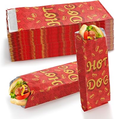 Yarlung 200 Pack Hot Dog Bags Grease-proof Food Wrapper, Warming Aluminum Foil Wrap Paper Sleeves Retain Heat for Popcorn, Sausages, Snack Bars, Food Trucks, Carnival, 9.5x3.5x1.5 Inches
