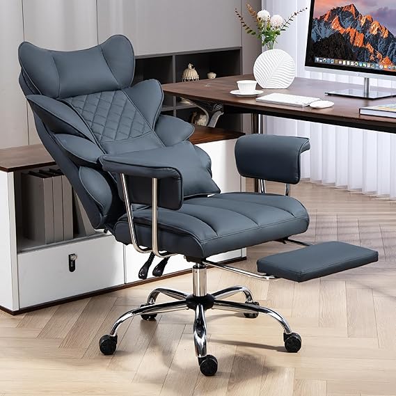 Ergonomic Office Chair with Footrest Executive Chair with 360° Rotation Function 90-135° Adjustable Backrest and Soft Armrests for Optimal Comfort (Dark Blue)