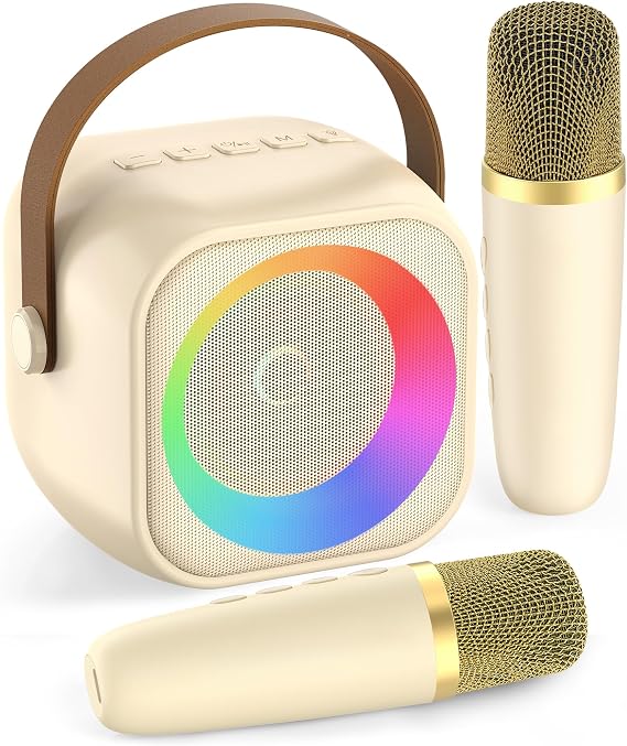 Karaoke Machine,Mini Portable Karaoke Speaker with 2 Wireless Microphones | 360 Surround Sound,5 Voice Effects, 8H playtime, Bluetooth 5.0,TF/USB/AUX,Birthday Gifts for Girls and Boys Ages 3-12