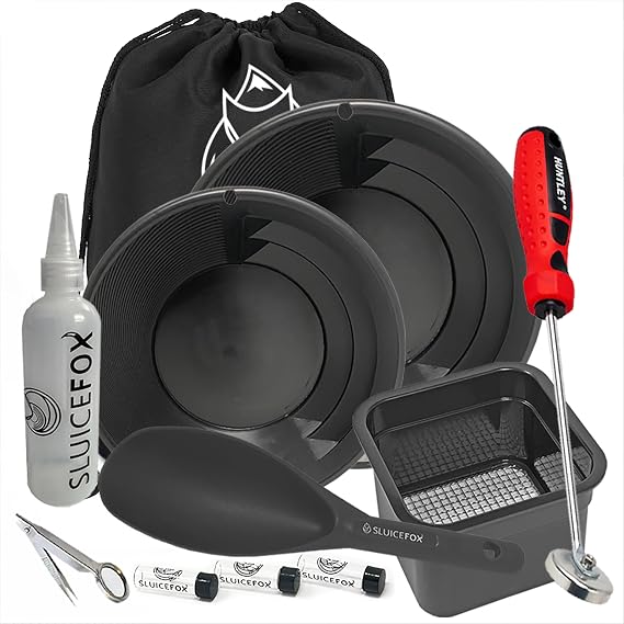 Sluice Fox Backpack Gold Prospecting Kit with Classification: 2 Spiral Gold Pans, Plastic Gold Shovel or Pader Scoop, Black Sand Gold Separator Magnets Green Color Set
