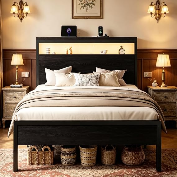 SHA CERLIN Twin Bed Frame, 2-Tier Storage Headboard, LED, Charging Station