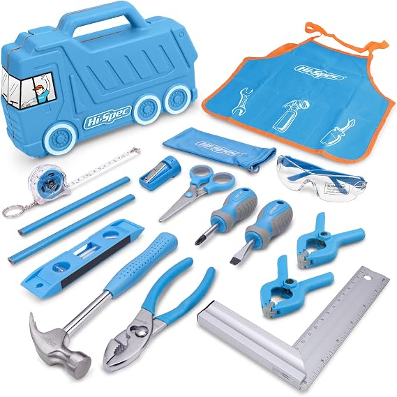 Hi-Spec 17Pcs Kids Real Tool Kit with Truck Box for Building & Crafts, Blue