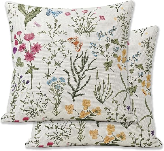 Cushion Covers 45 x 45 cm Set of 2,Sage Green Floral Garden Cushions | Decorative Square Throw Pillow Cases for Patio Sofa Living Room Spring Decor, with Invisible Zipper