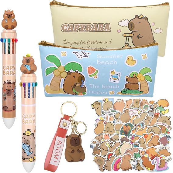 Cute Capybara Stationery Set with 10-in-1 Multicolor Ballpoint Pen, Stickers, Keyring - Capybara Gifts, Student Office School Supplies