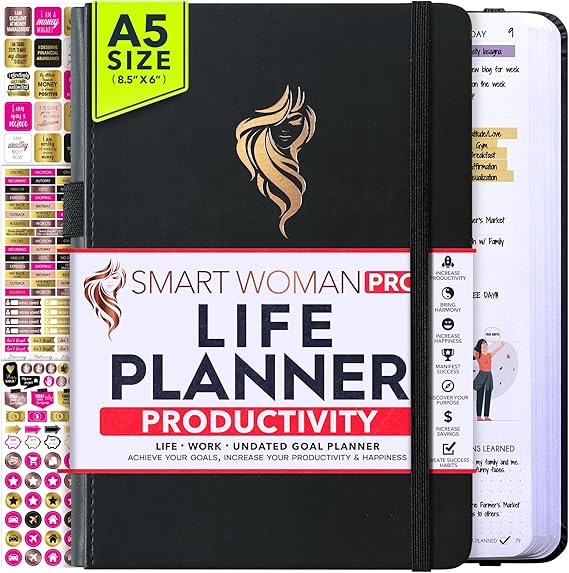 Life Planner - Undated Daily, Weekly & Monthly Planner with Budget Section | A 12 Month Journey to Increase Productivity & Happiness | Life Organizer & Gratitude Journal - Horizontal Format