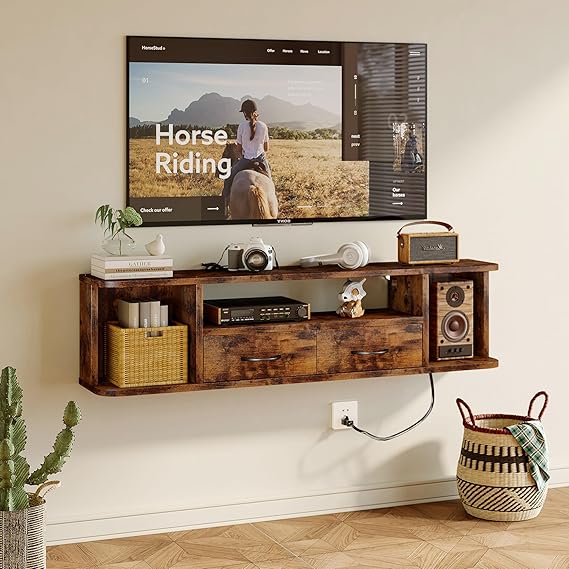 Homeiju 52'' Floating TV Stand with Power Outlet,Wall Mounted TV Console with Drawers, Under TV Cabinet with Storage, Floating TV Shelf for Living Room, Bedroom, Brown