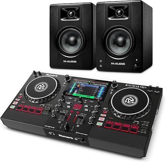 Numark Mixstream Pro+ DJ Controller and M-AUDIO BX4 Pair Studio Monitors for Studio Recording, Music Production, Podcasting, Streaming