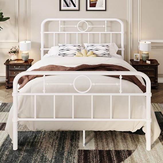SHA CERLIN Queen Bed Frame with Vintage Headboard, Heavy Duty Metal Platform Bed Frame, No Box Spring Needed, Noise-Free, 12.4" Under-Bed Storage, Easy Assembly, White
