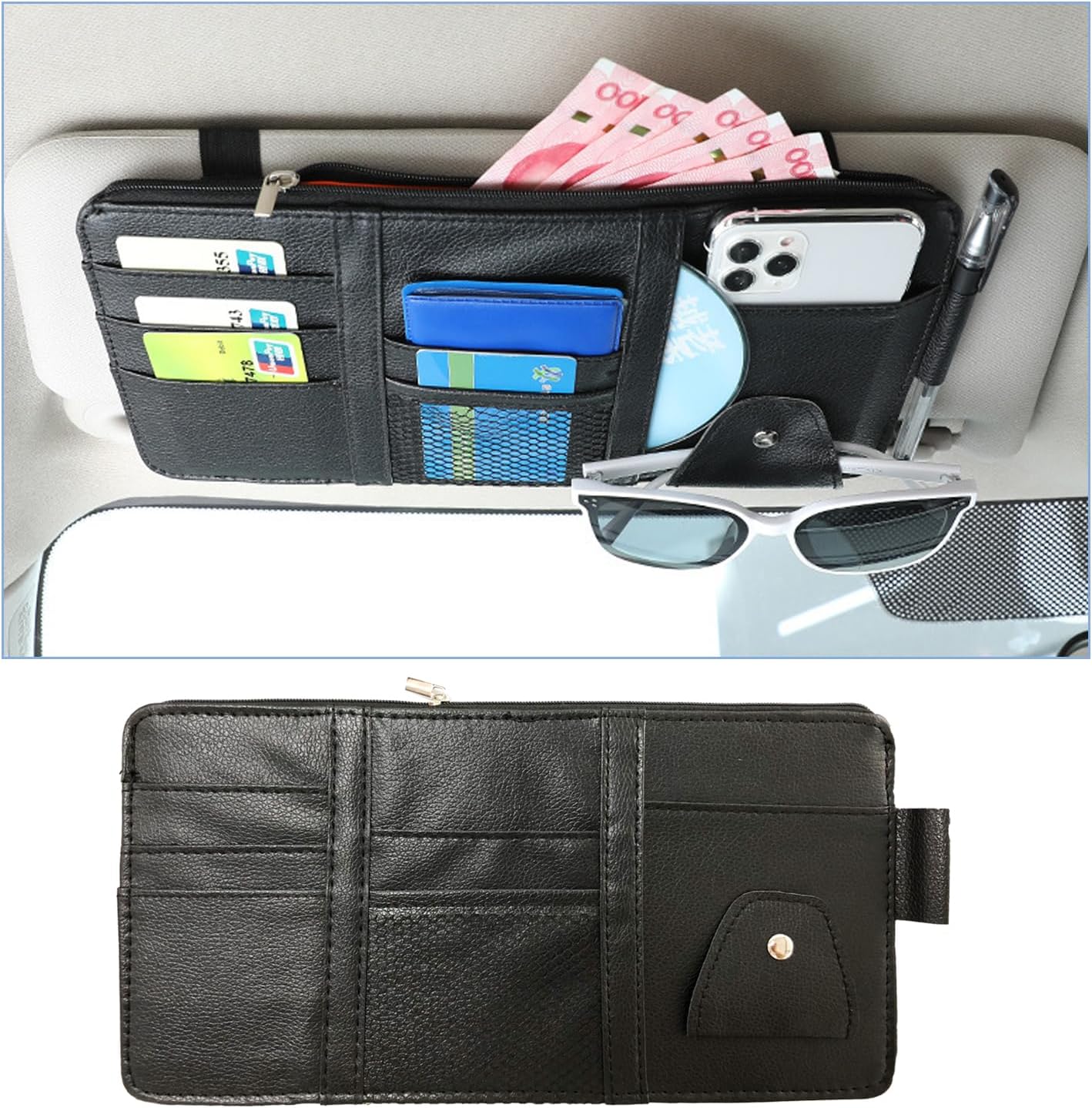 Augeny Car Sun Visor Organizer, Leather Multi-Pocket Auto Visor Storage Pocket Pouch Holder with Zipper, Vehicle Interior Accessories for Car Truck SUV Sun Visor Case Bag (Black)