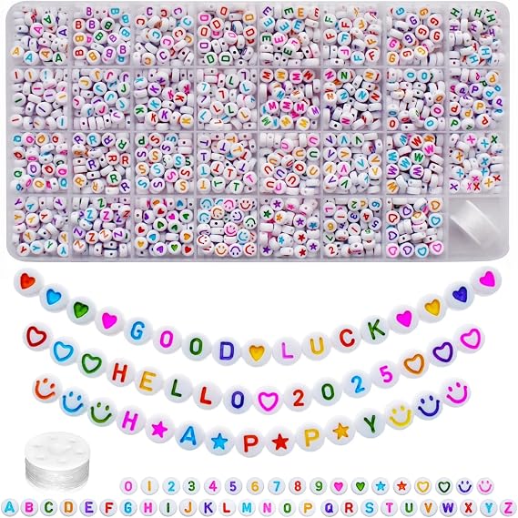 Looconi 1600pcs Colorful Letter, Star, Heart, Number, Smiley Face Beads and Elastic String 7x4mm Alphabet Beads 31 Styles for Jewelry Making