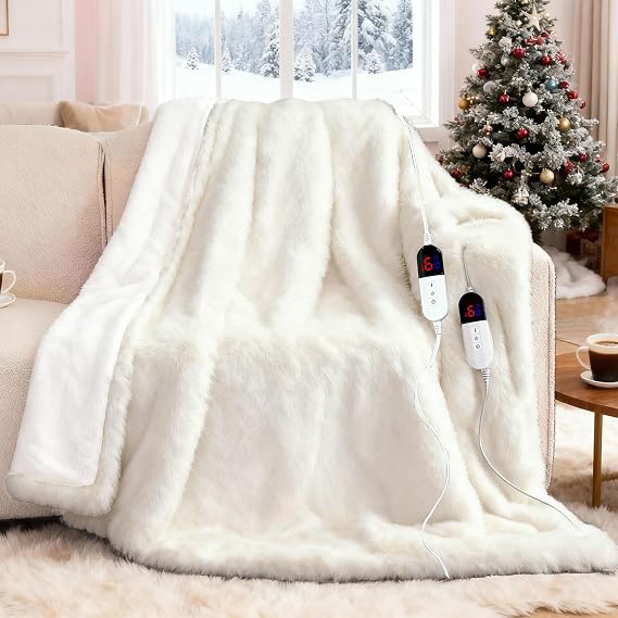 Heated Blanket with 10 Hours Auto-Off 6 Heat Level, Cozy Shaggy Faux Rabbit Fur Electric Blanket with Overheating Protection White, 90X100