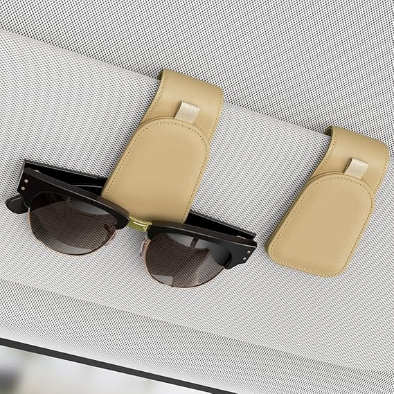 Sotfamily Sunglass Holder for Car Visor, Beige, 2 Packs | Suede Cloth, Magnetic, Organizer for Car Accessories
