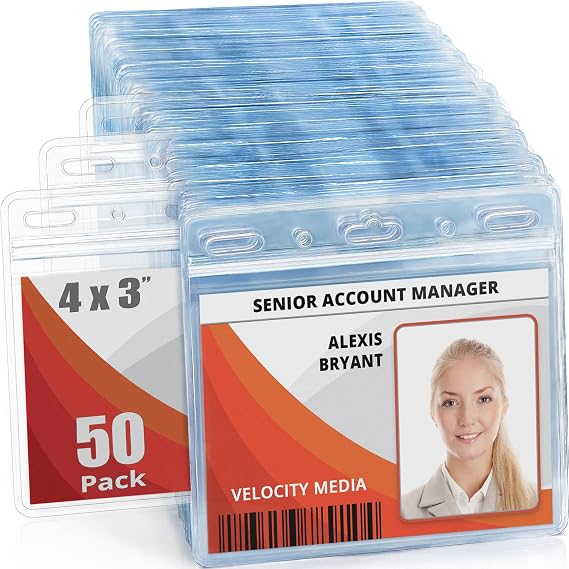 3x4 Horizontal ID Card & Name Badge Holder - Resealable, 50 Pack | Mifflin clear plastic identification name tag holders, soft edge, zipper seal, pre-punched holes for most lanyard clips