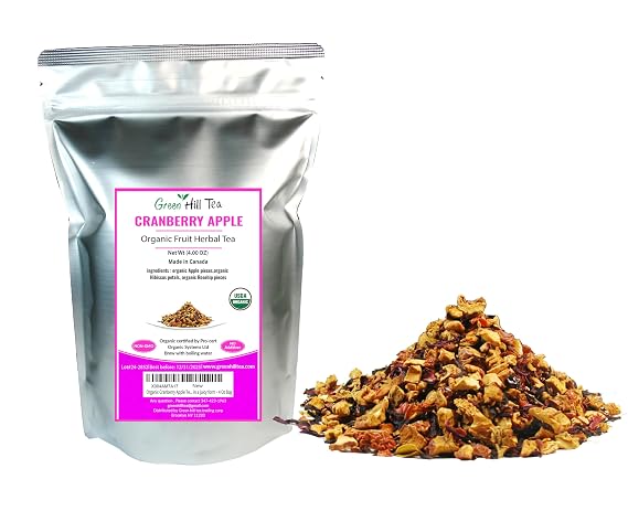 Greenhilltea Cranberry Apple Tea Natural Dried Fruit Herbal Tea, Hot or Iced 4 oz Bag