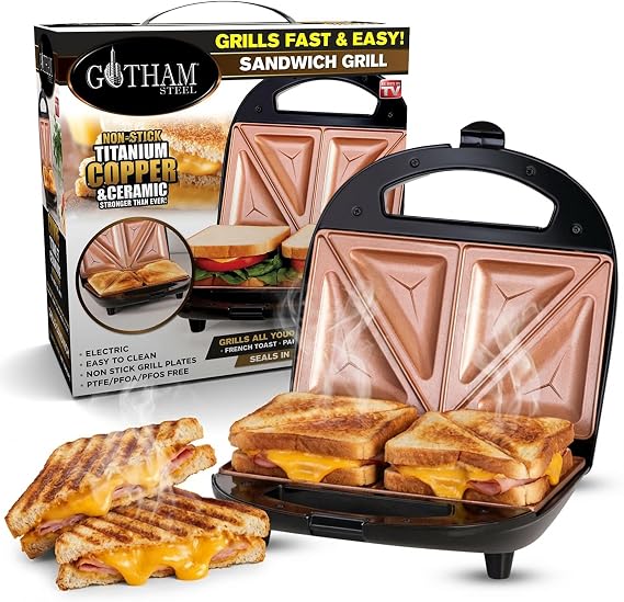 Gotham Steel Nonstick Panini Press Sandwich Maker, 2in1 Breakfast Sandwich Maker Grill / Sandwich Press Grill with Indicator Light, Grilled Cheese Maker Makes 2 Sandwiches with Easy Cut Edges