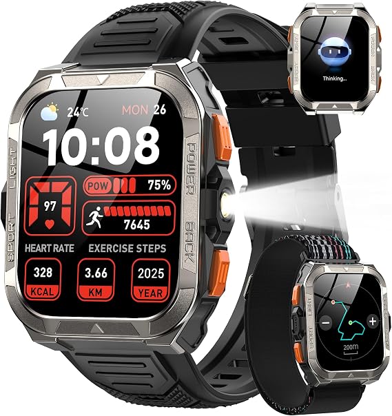 Smart Watch for Men Military Answer/Make Call,Waterproof Fitness Tracker with Heart Rate Monitor Built-in GPS/60 Days Battery/Led Flashlight/Compass,Tactical Watch With AI ChatGPT for Android & Phones
