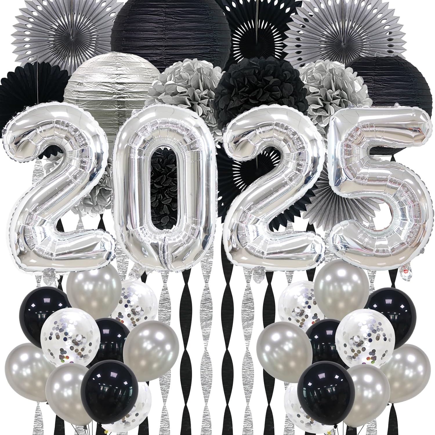 2025 Graduation Decorations silver and blake, Graduation Party Decorations, Silver Black 2025 Foil Balloons, Paper Streamers Pom Poms Flowers Paper Fans Paper Lanterns for Prom Night Anniversary