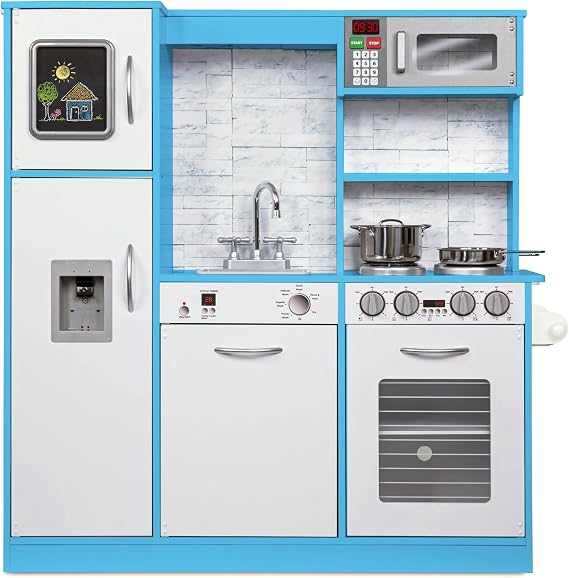 Lil' Jumbl Wooden Kids Play Kitchen, Microwave Sounds, Ice Dispenser, Blue