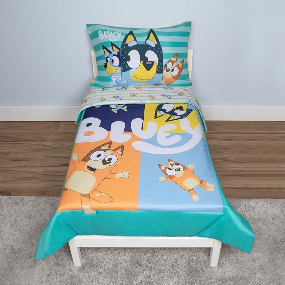 Bluey 4 Piece Toddler Bedding Set Includes Comforter, Sheet Set Fitted Top Sheet Reversible Pillowcase for Boys or Girls Bed, Blue