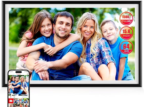 Smart WiFi Digital Picture Frame - 15.6-inch Full HD Touchscreen, 64GB Electronic Photo Frame Wall Mountable for Home Decor, Supports USB&SD Card, Share Precious Memories via Frameo App Anywhere