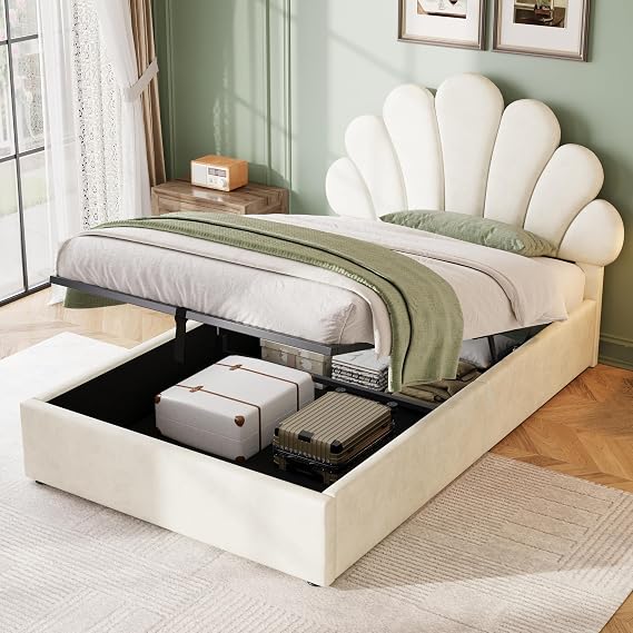 BTM 3ft Girls Single Bed with Chic Petal Headboard, Velvet Upholstered Storage Bed Frame, Beige No Box Spring Needed (No Mattress)