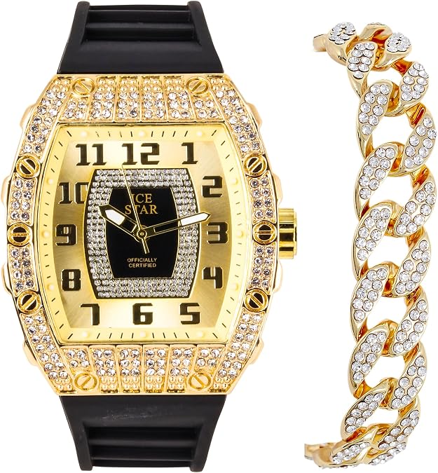 Techno Pave Men's Iced Out Tonneau Shape Watch & Cuban Bracelet Set with Silicone Band, Numeral Dial