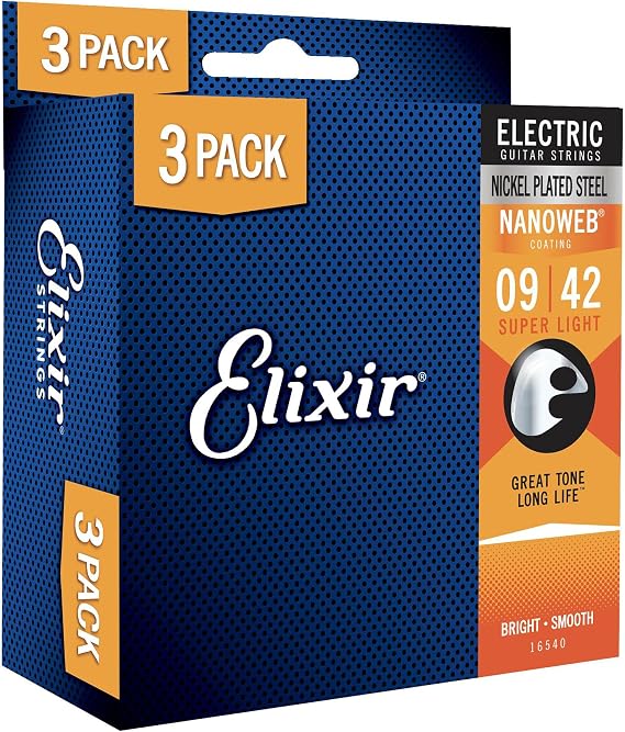 Elixir Strings - Nickel Plated Steel Electric Guitar Strings with NANOWEB Coating - Elixir Electric Guitar Strings - 3 Pack, Super Light 9-42