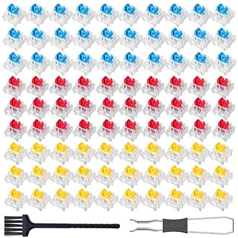 90PCS Keyboard Clickers Set with Tweezers and Brush, Clickers for 3D Printing, Keyboard Switches 30 Blue + 30 Yellow + 30 Red, Keyboard Switch for DIY Builds