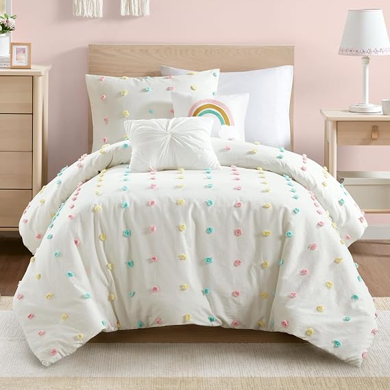 Intelligent Design Kids Pom Pom Ivory Twin Cotton Girls Comforter Set,4pc | Back to School Dorm Jacquard Bedding Set, All Season Down Alternative,Cozy Shabby Chic Bedroom Decor, Machine Washable
