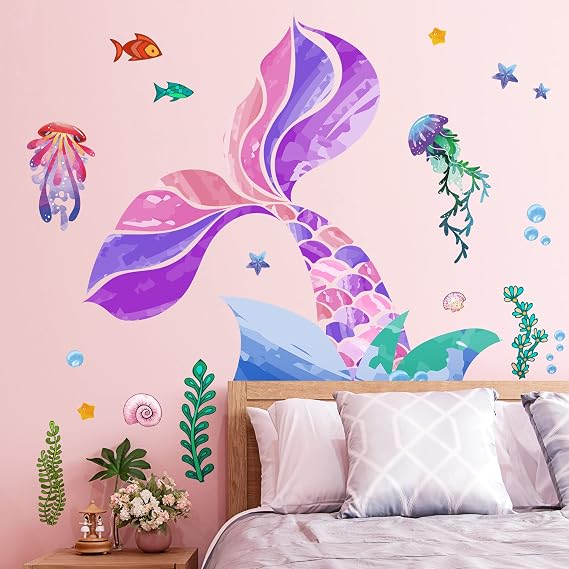 LiveGallery Removable 3D Under the Sea Rainbow Colorful Mermaid Tail Blisters Wall Sticker DIY Ocean Fish Jellyfish Seaweed Wall Decal Decor for Kids Girls Princess Room Bedroom Living Room