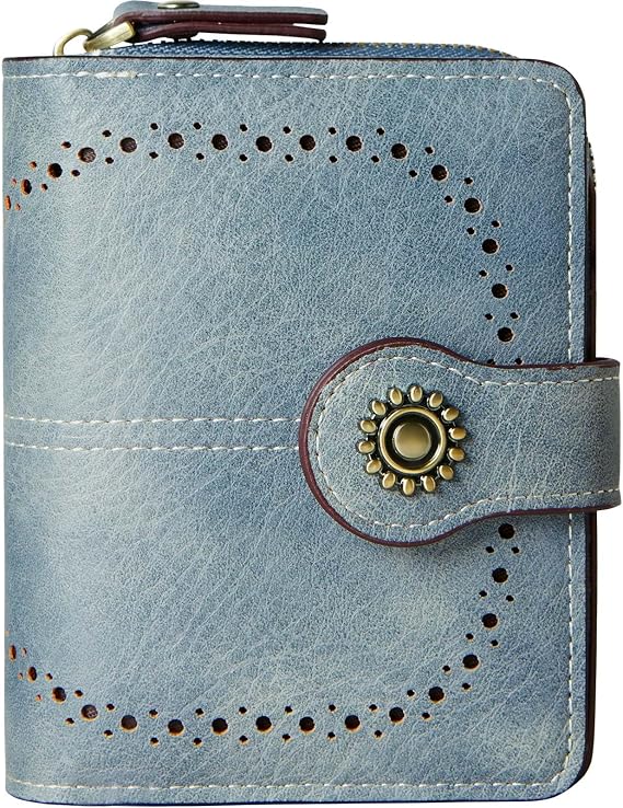 TFKGS Small Womens Wallet Leather RFID Blocking Bifold Compact Card Holder Ladies Zipper Accordion Pocket with ID Window Blue