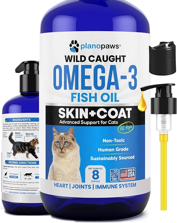 Omega 3 Fish Oil for Cats - Wild Caught, Skin and Coat, 8 fl oz Liquid | Shedding and Dandruff Support, Low Odor Pump Supplement, EPA DHA, Kitten and Cat All Ages, Salmon Oil Alternative