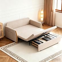 Convertible Sofa Bed with Storage, 3-in-1 Pull Out Sleeper Sofa, Beige Linen Fabric, Carbon Steel Frame, 137cm Width (Beige, 137cm)