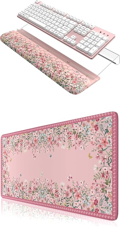 HAOCOO Ergonomic Keyboard Wrist Rest & Floral Desk Mat Combo, 3-Level Adjustable Keyboard Stand + Non-Slip Large Mouse Pad, Memory Foam Wrist Support for Office & Gaming (Green)