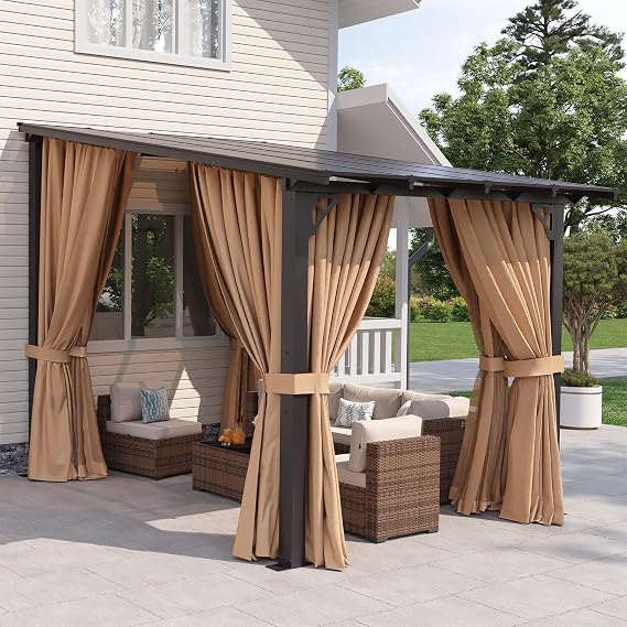 Aoxun 8'x10' Lean to Gazebo, Pergola with Mosquito Net and Curtains, Brown