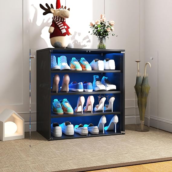 Shoe Storage Box with LED Light, Modern Shoe Organizer Wooden Shoe Cabinet with Flip Glass Doors, Shoe Storage Cabinet with RGB Lights, LED Shoe Rack Suitable for Collection of Shoes (Black, 4-Layer)