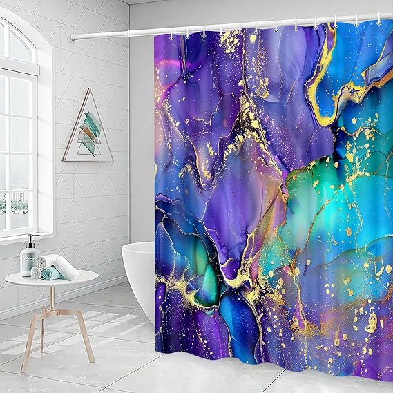 Purple Marble Shower Curtain for Bathroom, Blue Abstract Bath Curtains, Gold Ombre Morden Waterproof Fabric Curtains Set with Hooks