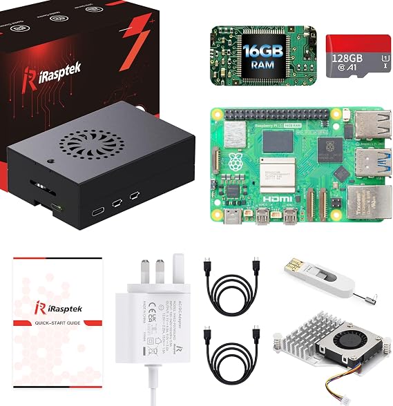 iRasptek Starter Kit for Raspberry Pi 5 RAM 16GB - 128GB Edition of OS-Bookworm Pre-Loaded (Aluminum Case)
