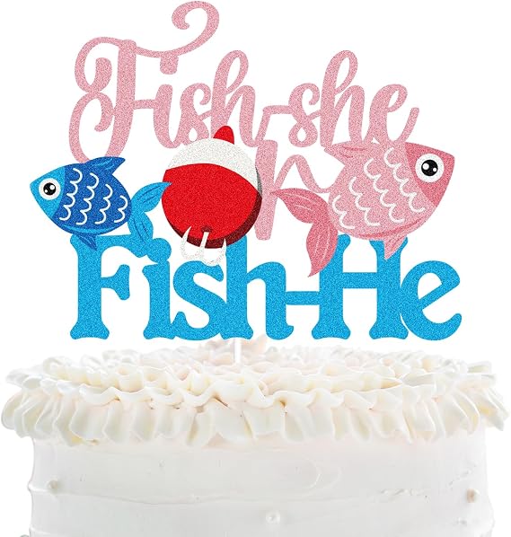 Fish-She or Fish-He Gender Reveal Cake Topper - Gone Fishing Bobber Gender Reveal Cake Topper - It's a Boy or Girl Fishing Cake Topper - Blue Or Pink Pregnancy Announcement Decorations