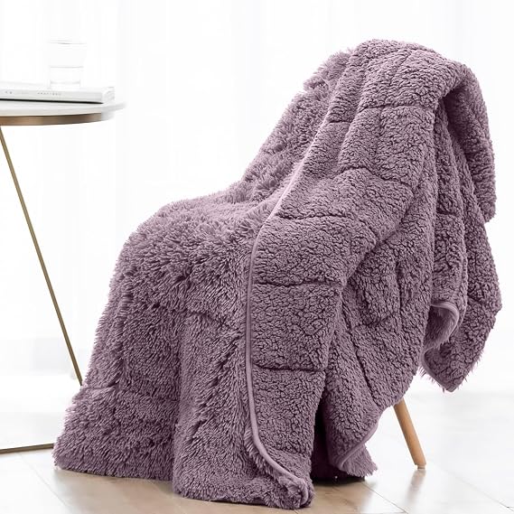 Shaggy Faux Fur Weighted Blanket for Adult 15lbs, Queen Size 60x80 | Fluffy Long Plush Fleece; Fuzzy Sherpa Reverse; Machine Washable; Glass Beads; Heavy Blankets for Bed, Couch; Pink Purple