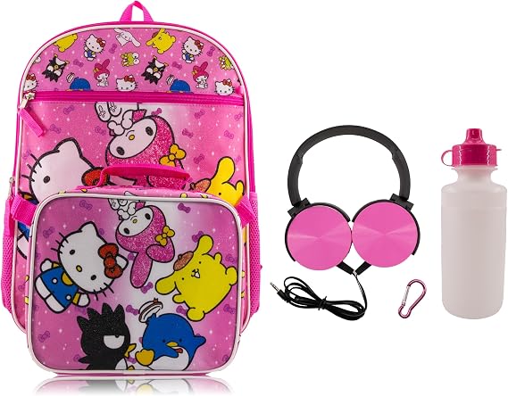 Sanrio Hello Kitty Backpack With Lunch Box for Kids | Insulated Lunch Bag Lunch Box for Girls, Boys, Toddlers | Backpack for School and Reusable Lunchbox with Matching Headphones and Water Bottle