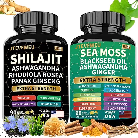 Shilajit and Sea Moss Ashwagandha Combo Bundle- Sea Moss, Black Seed Oil, Ashwagandha, Ginger & Shilajit, Rhodiola Rosea, All in 1 Supplements (180 Capsules)
