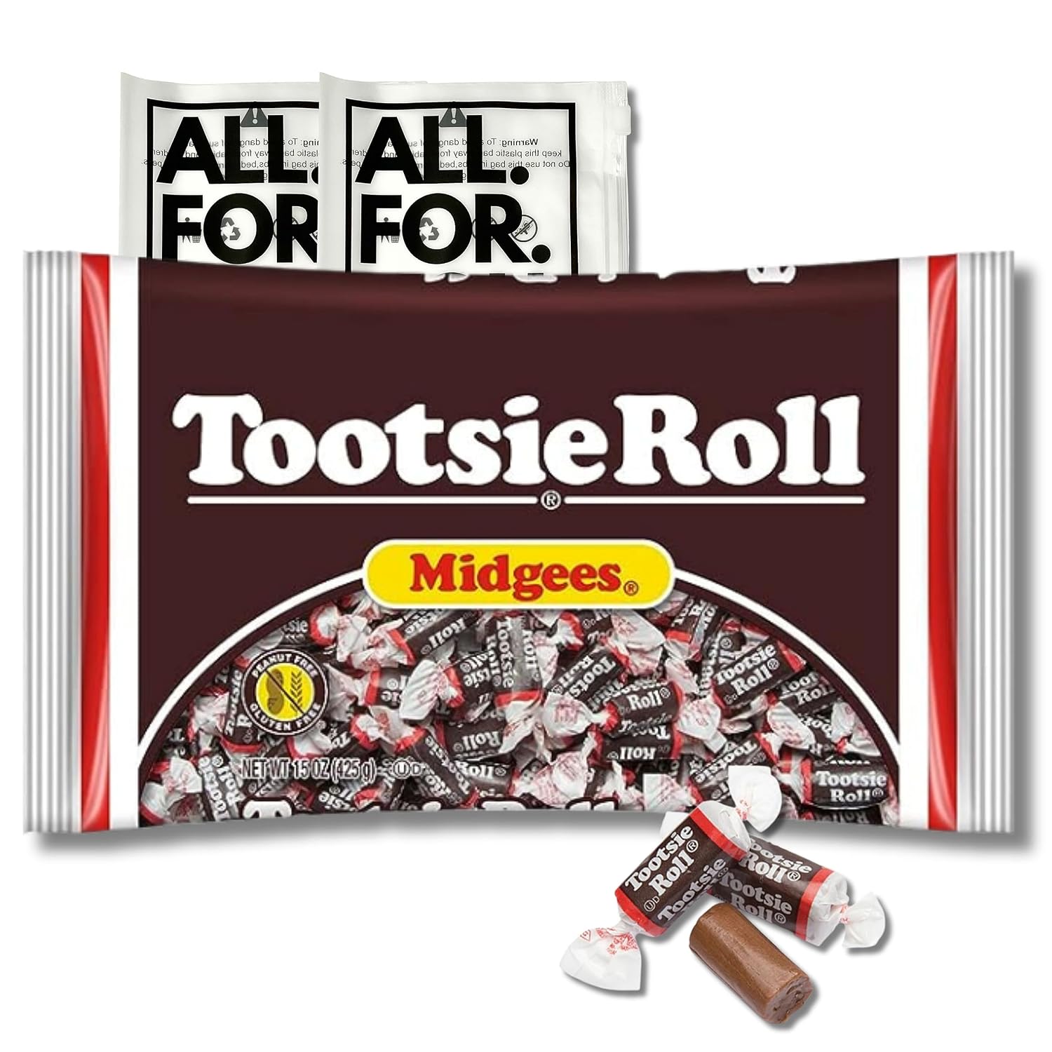 Tootsie Rolls Midgee - 15 oz - Tootsie Rolls Bulk Roll Taffy Candy Flavored Midgees with 2 ALL.FOR.YOU. Branded Resealable Bags